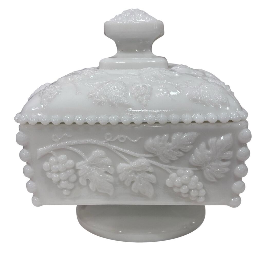 Vintage Westmoreland Paneled Grape Milk Glass Covered Pedestal Candy Dish